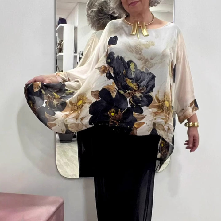 Dame let chiffon tunika med blomsterdesign og brede ærmer Stilla