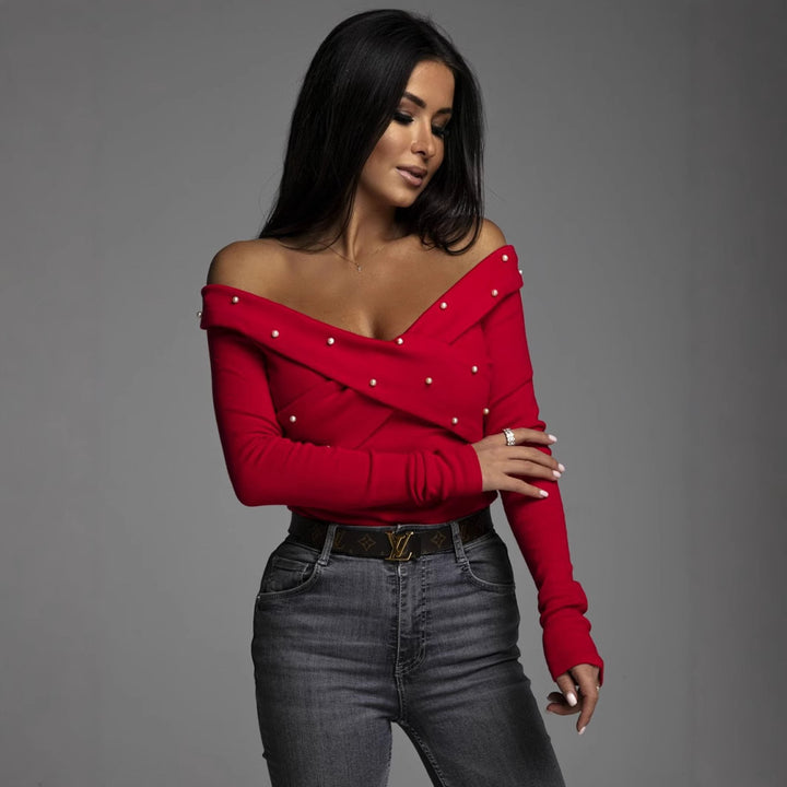 Dame Off-Shoulder Top med Perlepynt Stilla