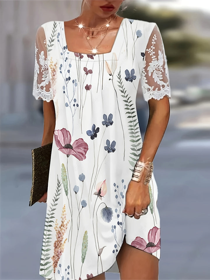 Dame Floral Print Shift Kjole med Spidsærmer Stilla