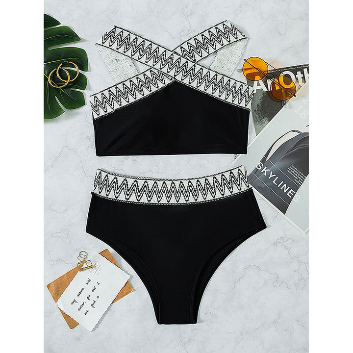 Dame højtaljet bikini-sæt med elegant krydsbånd-design Skovae