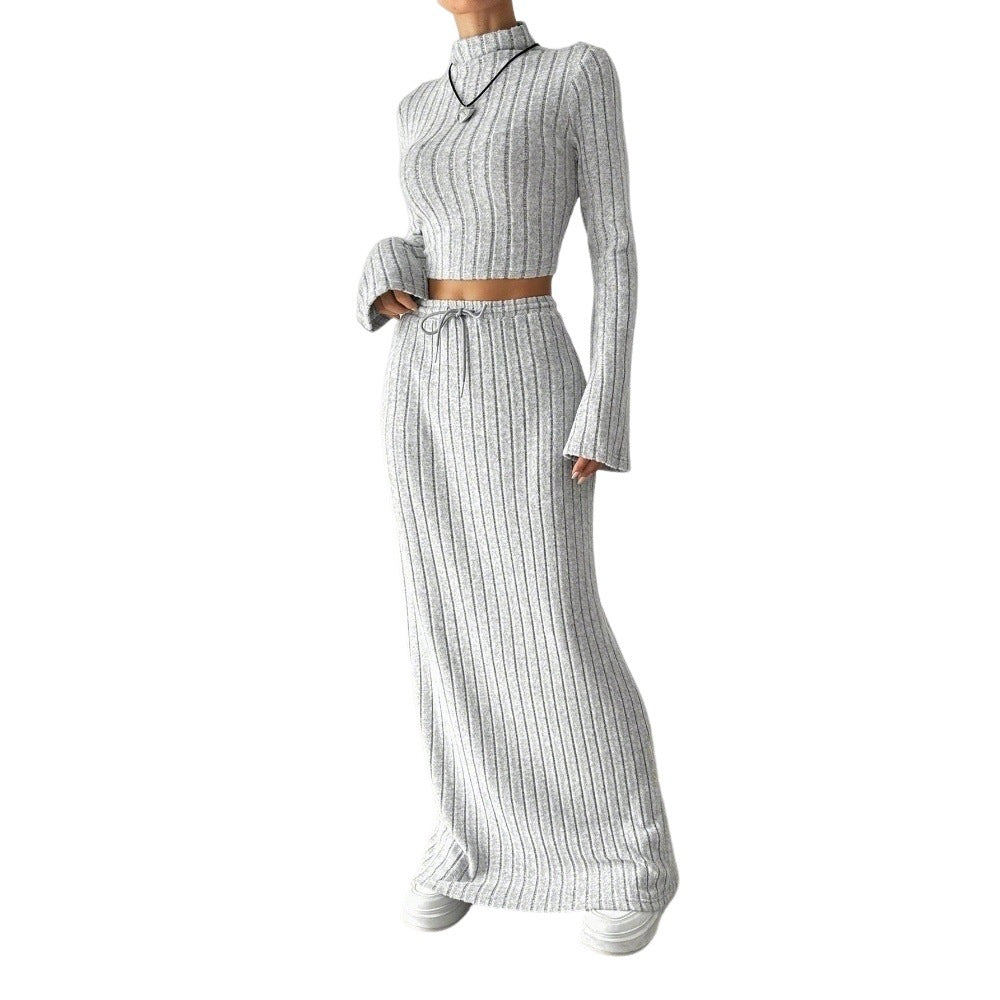 Damer Langærmet Crop Top og Maxi Skirt Sæt med Elegant Ribbet Tekstur Stilla