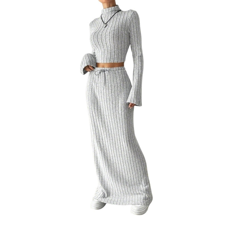 Damer Langærmet Crop Top og Maxi Skirt Sæt med Elegant Ribbet Tekstur Stilla