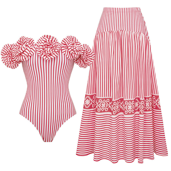 Dame Striped Bikini-Sæt med elegant V-wrap Bluse og moderigtig Skørt Skovae
