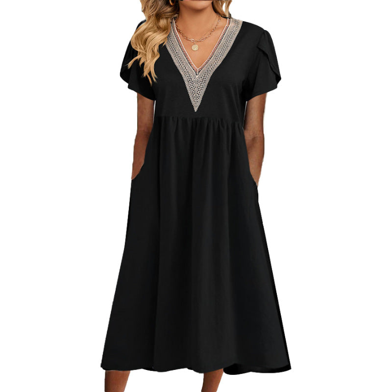 Dame elegant Midikjole med V-udskæring og lommer Stilla