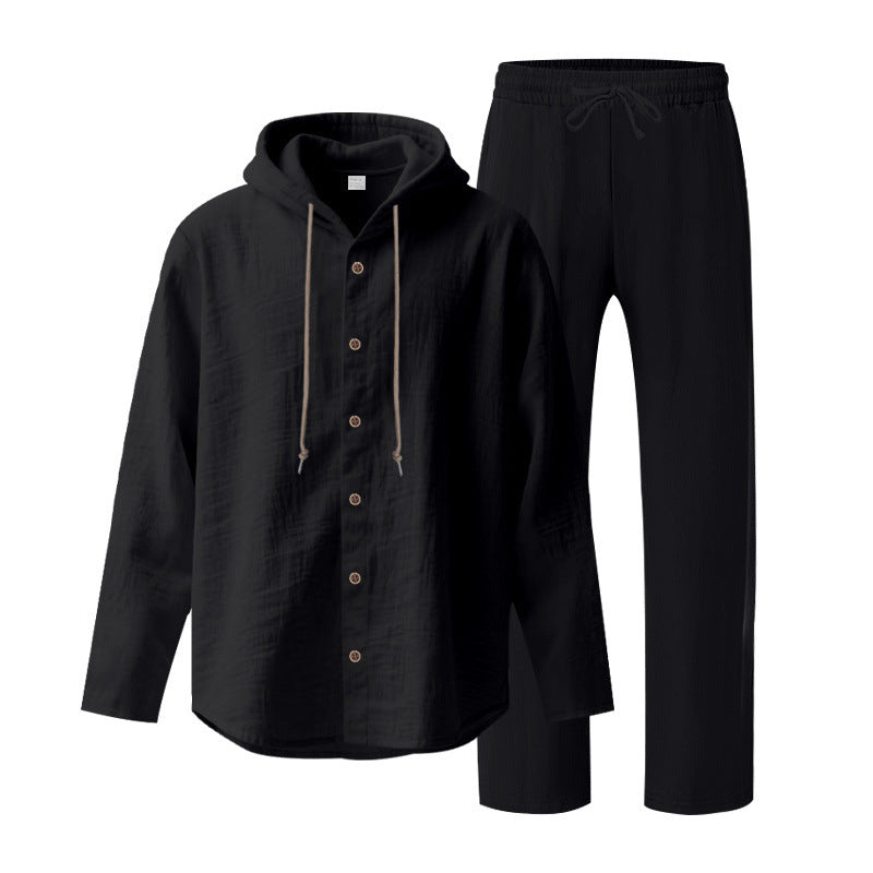 Herrer to-delt lounge-sæt med knap-hoodie skjorte af crepe jersey og lige tunnelbånd bukser Skovae