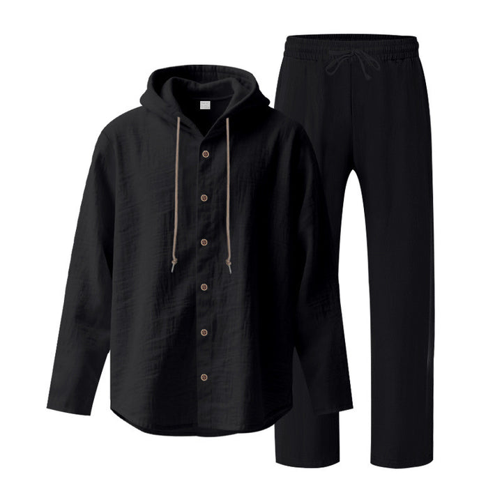 Herrer to-delt lounge-sæt med knap-hoodie skjorte af crepe jersey og lige tunnelbånd bukser Skovae