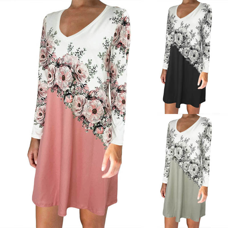 Dame Floral Print V-hals Midi Kjole med lange ærmer Stilla