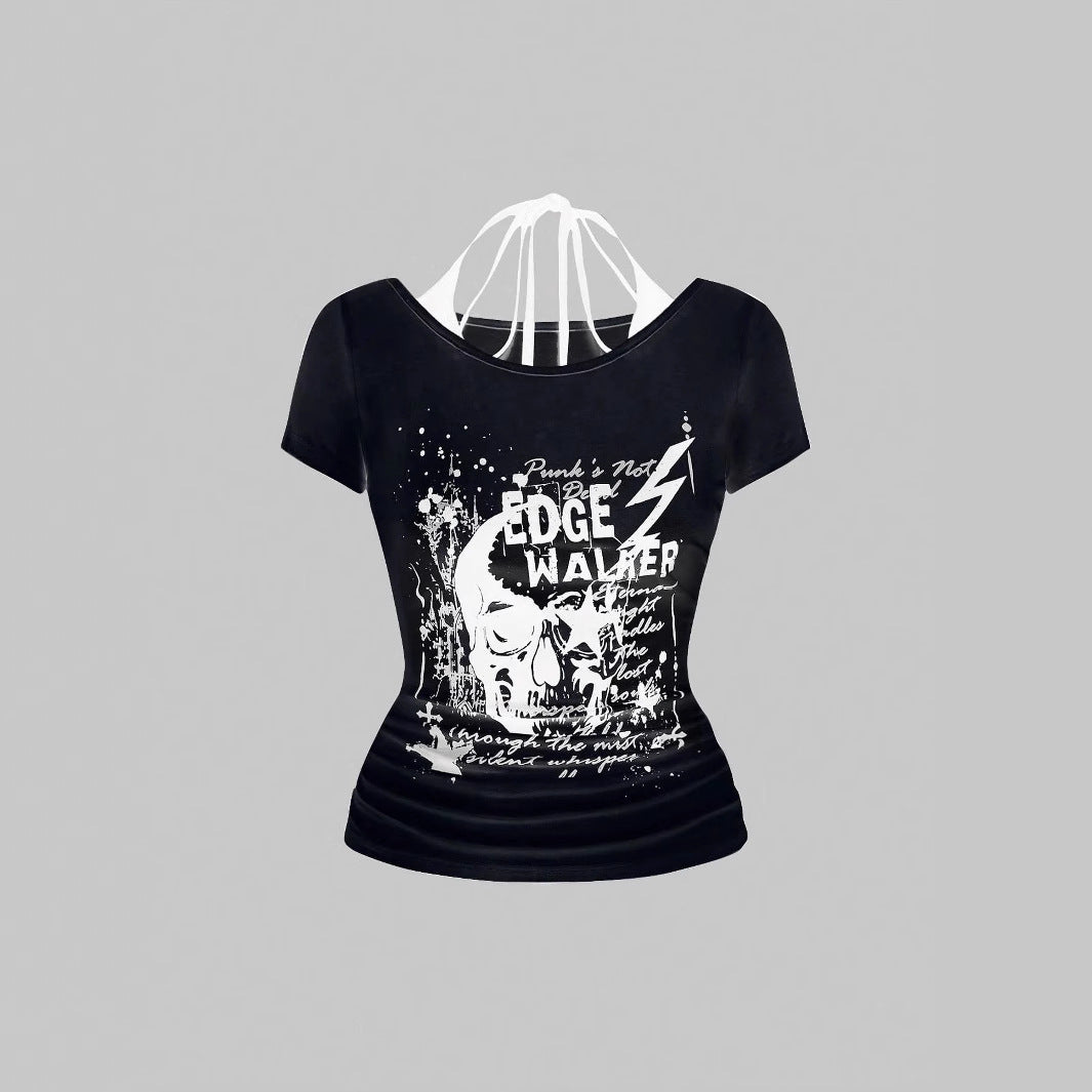 Dame kreativ grafik T-shirt med forførende ryggudskæring Skovae