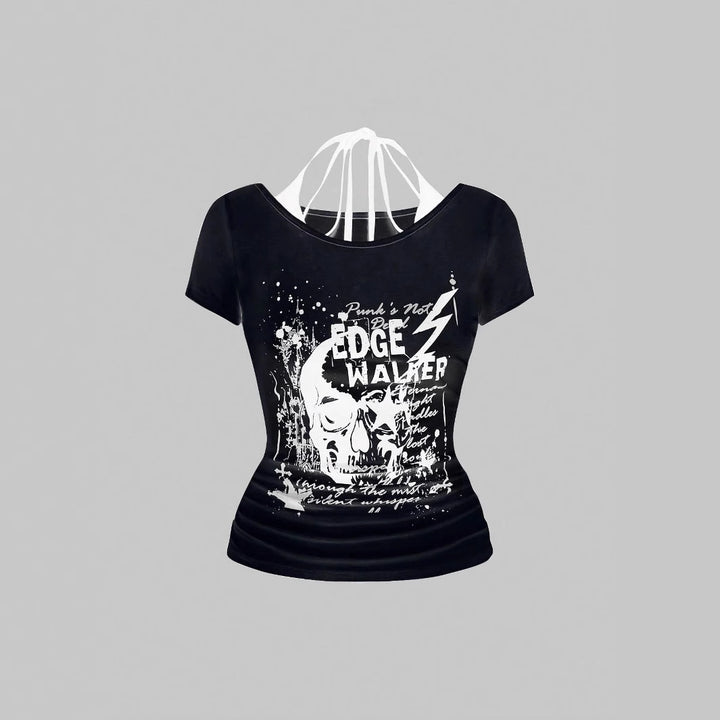 Dame kreativ grafik T-shirt med forførende ryggudskæring Skovae