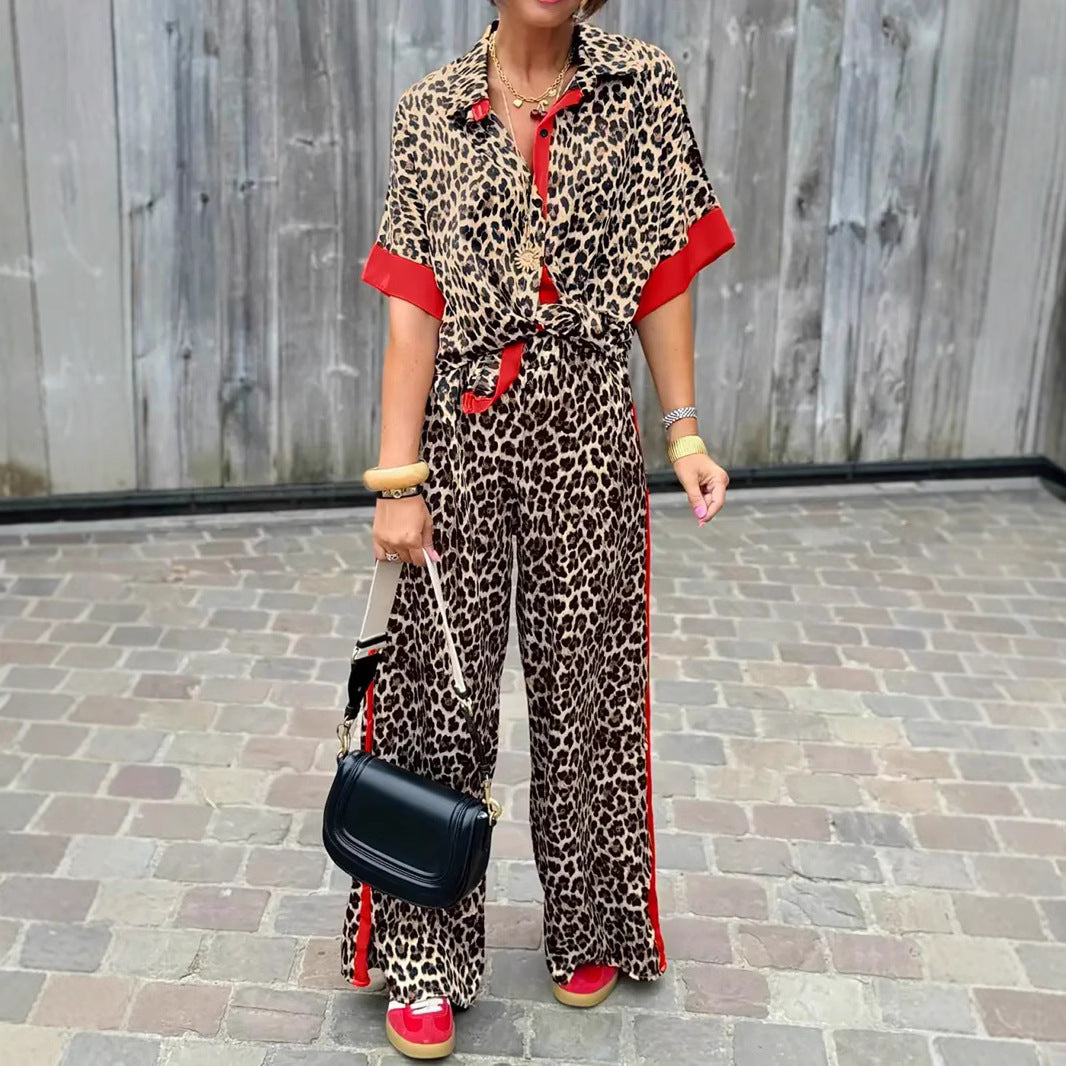 Dame Casual sæt med leopardmønster og elastisk talje Stilla