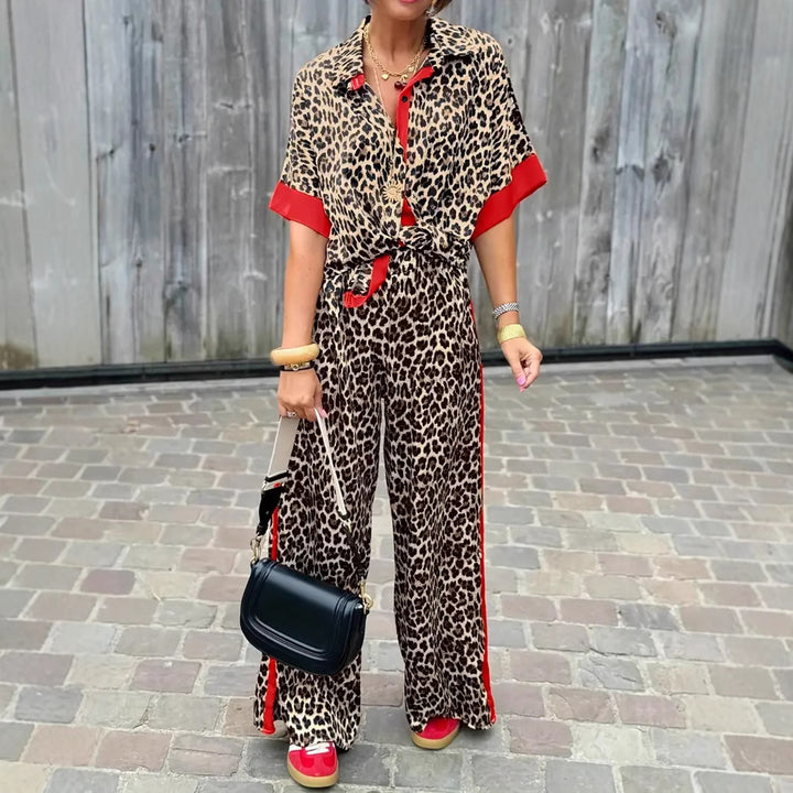 Dame Casual sæt med leopardmønster og elastisk talje Stilla