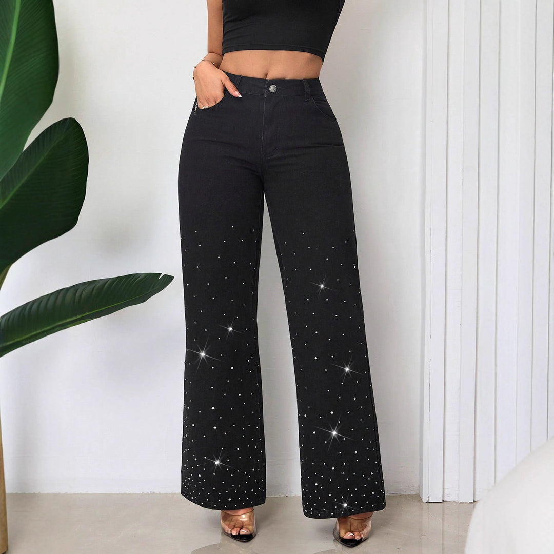 Kvindernes højtaljede jeans med glitrende rhinestones og bred pasform Stilla