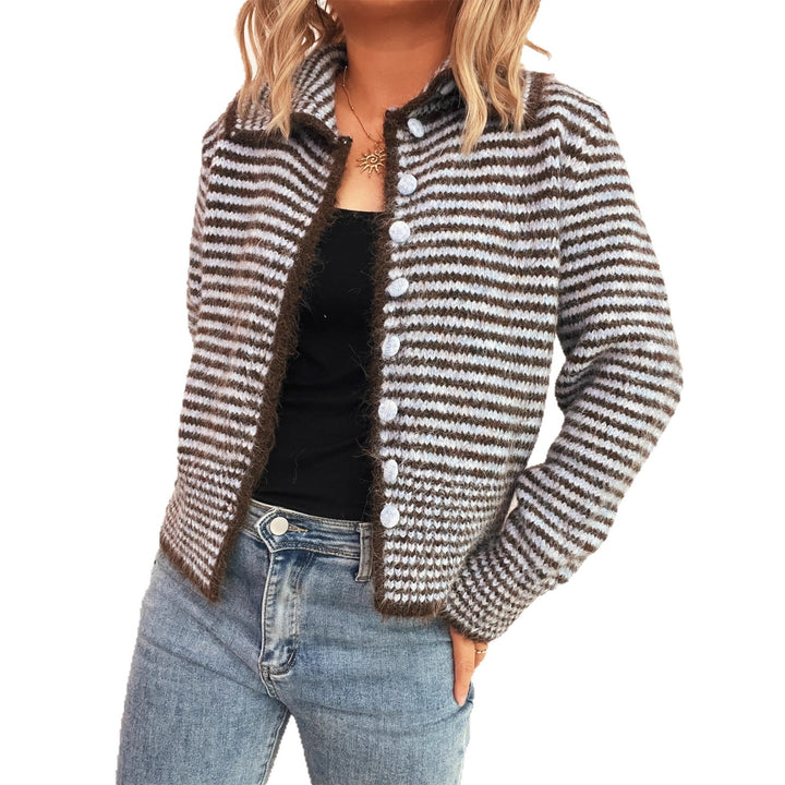 Kvinders moderigtige strikkede cardigan med tekstureret stribet mønster og store knapper Stilla