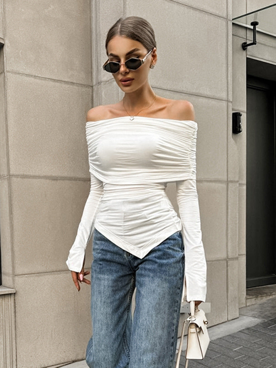 Dame Off-Shoulder-Bluse med rynkning og langærmet Stilla