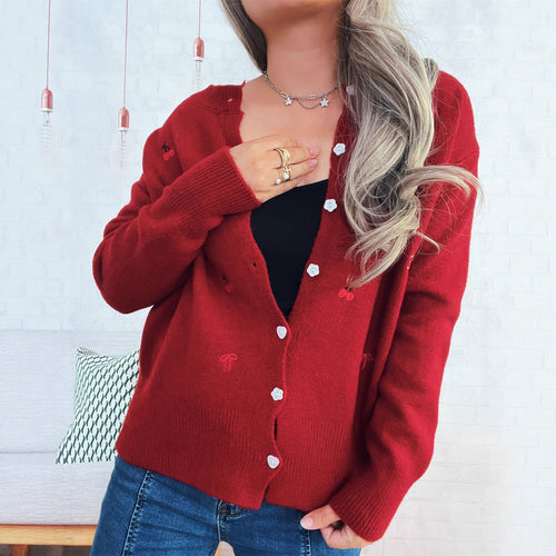 Dame cardigan med farverigt broderi-design og knaplukning Stilla