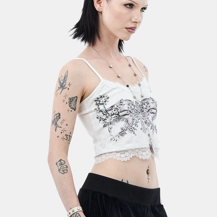 Dame spids camisole med blomstertryk Skovae
