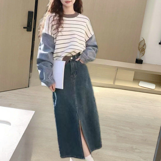 Dame mode sweater med denim ærmer Stilla