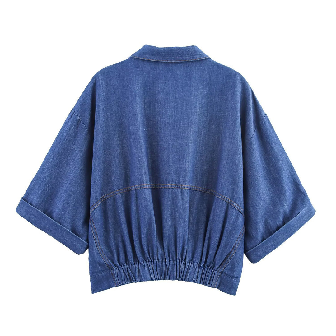 Damer casual denim sæt med crop bluse og elastiske bukser Skovae