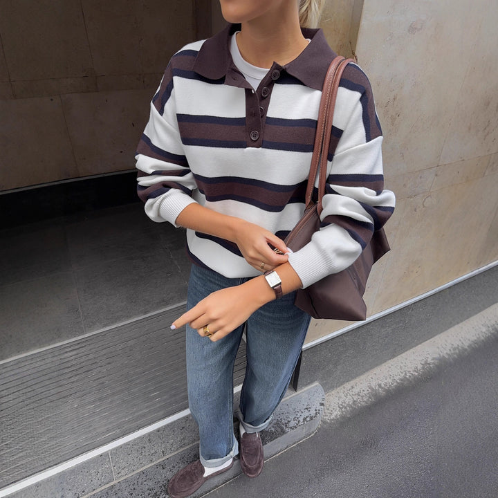 Dame sweatshirt med stribemønster og knapliste Stilla