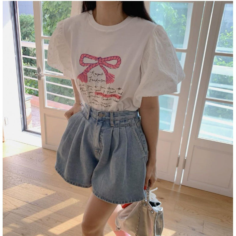 Dame Puffærmet Grafik T-shirt og høj talje Denim Shorts Sæt Stilla