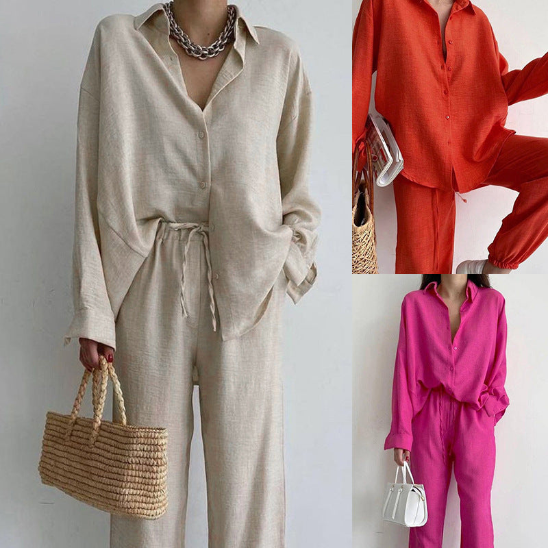 Dame Casual Linnekostume med løs pasform og elegant knaplukning Stilla