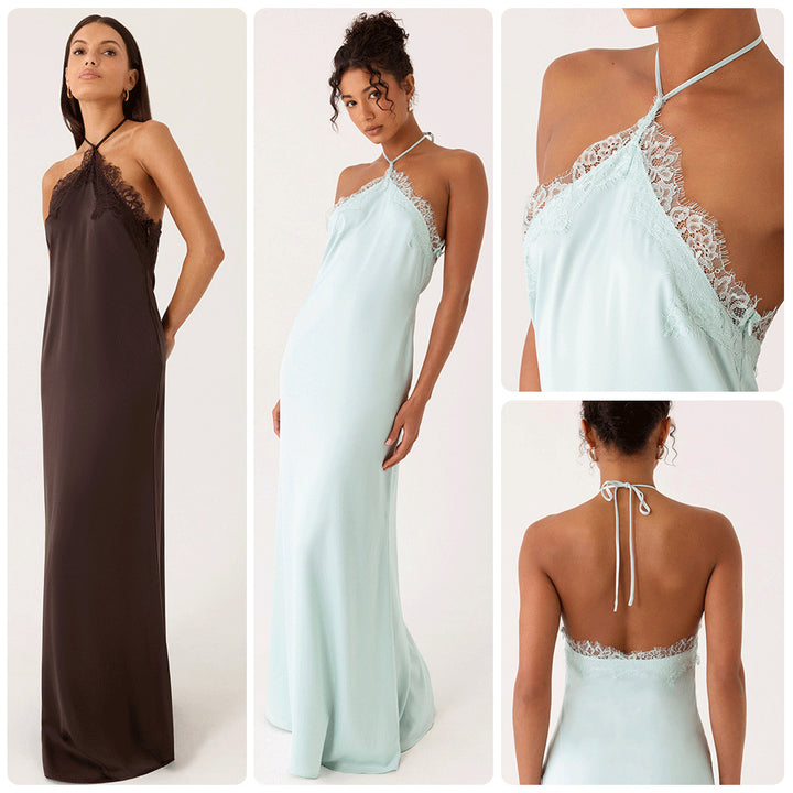 Dame Elegant Maxi Kjole med sofistikeret blonder bustier og flydende stof