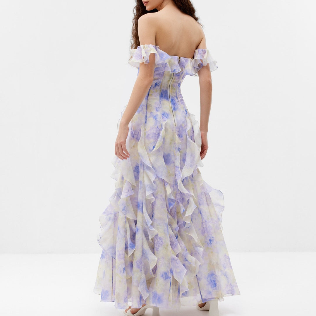 Dame Off-Shoulder Aftenkjole med flæseprydet chiffon og figurnær pasform Stilla