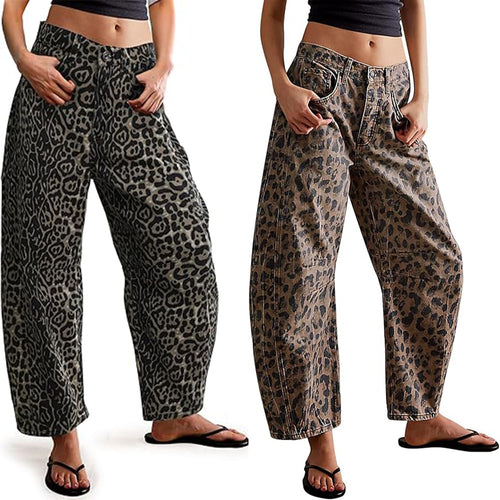 Dame brede jeans med iøjnefaldende leopardmønster og høj talje Stilla