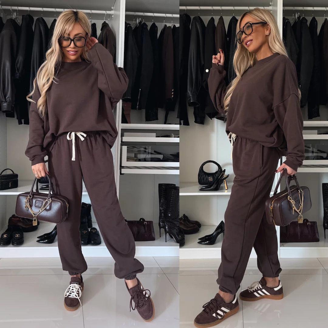 Kvinders stilfulde fleece loungewear sæt med løs pasform og elastisk talje Skovae
