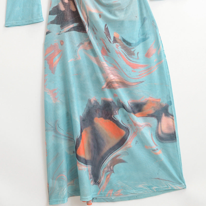 Dame Maxikjole med elegant draperingsdesign og unik marmoreringseffekt Stilla