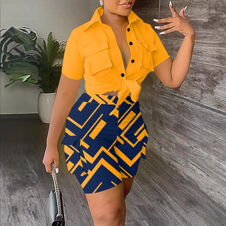 Dame Kortærmet Bluse og Gulerodsbukser Sæt Stilla
