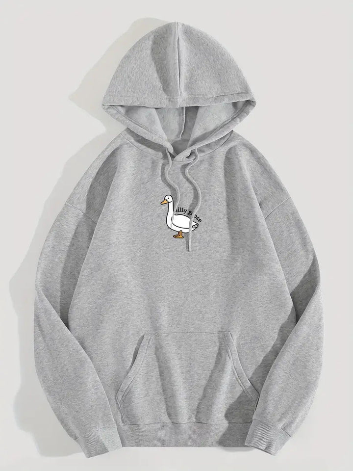 Dame hoodie med kreativ gåsemotiv og blødt fleece indeni Stilla