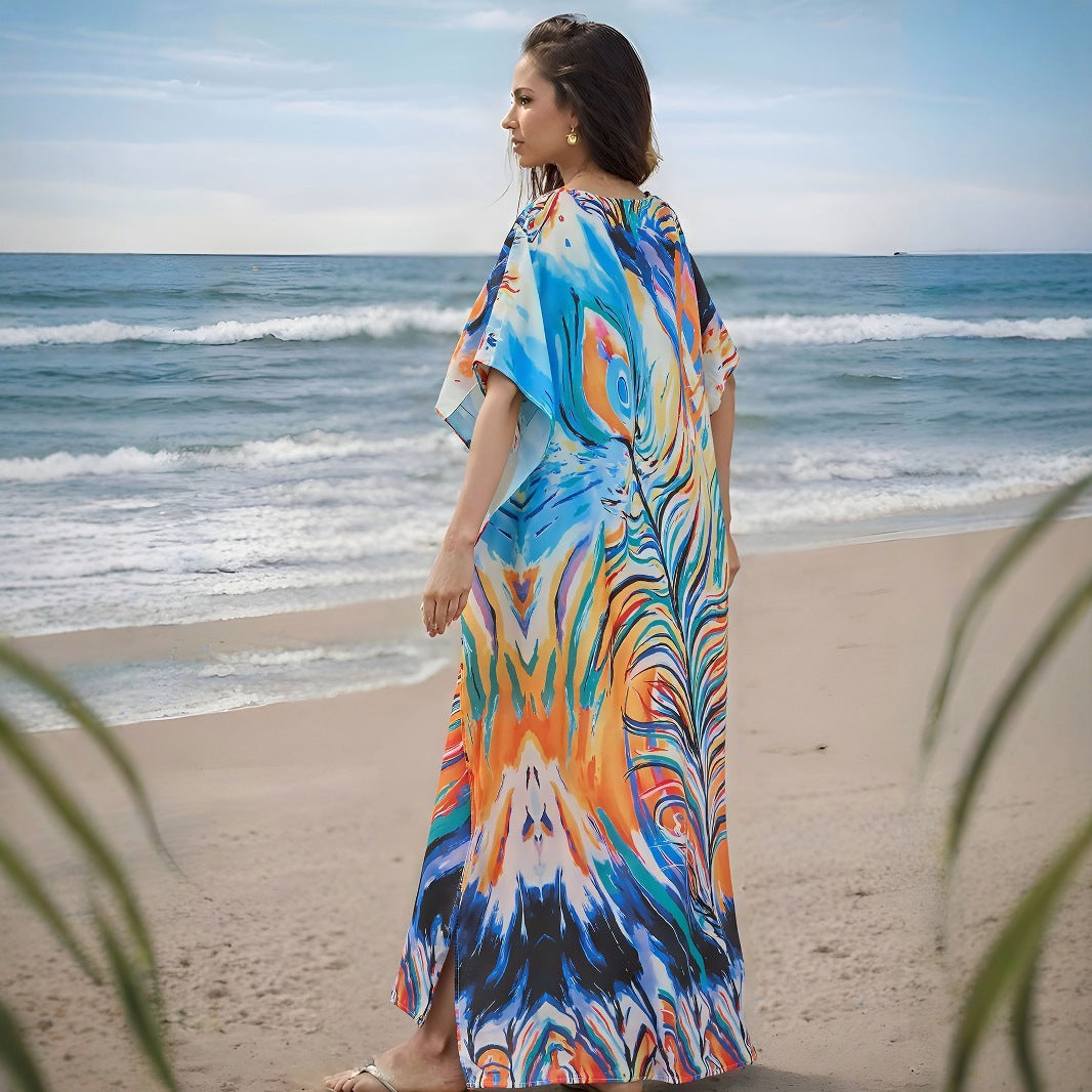 Dame Strandtunika i farverig Boho-stil med V-udskæring og løs pasform Stilla