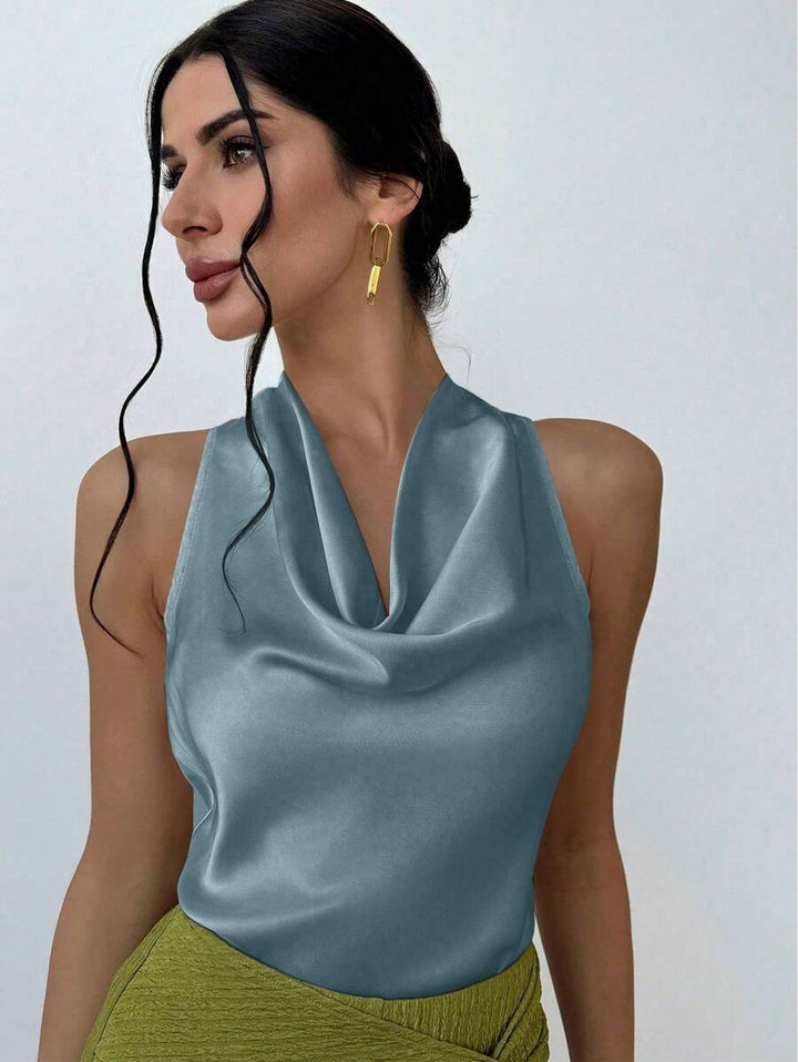 Dame Elegant satin top med smart vandfald udskæring Skovae