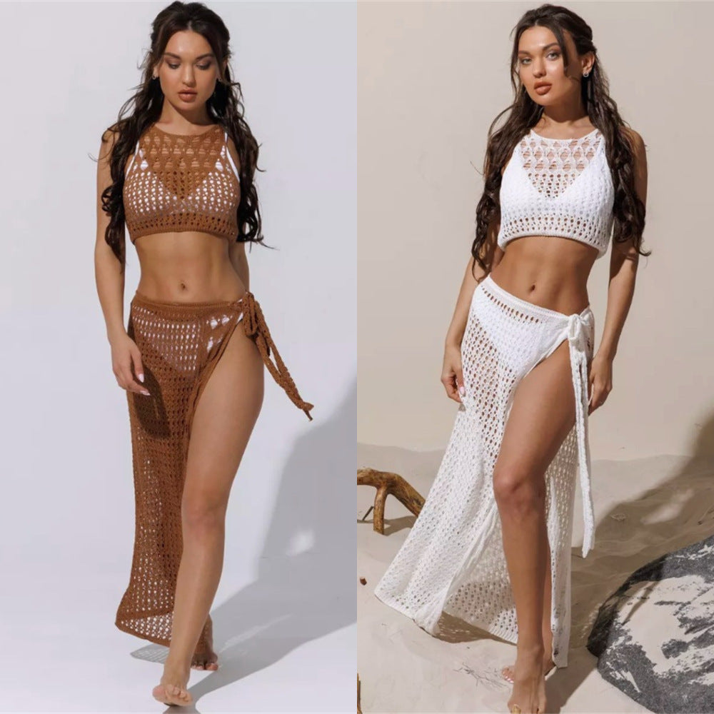 Dame hæklede strand sæt med høj talje nederdel og crop-top Stilla