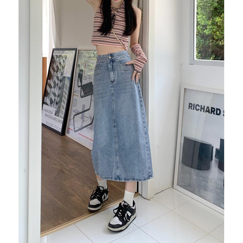 Kvinders afslappede midi denim nederdel med sideslidser Stilla