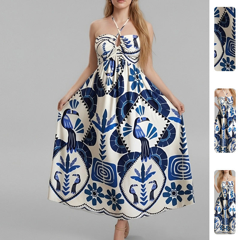 Kvinders elegante sommer maxi kjole med bandeau halsudskæring og blomsterprint Stilla