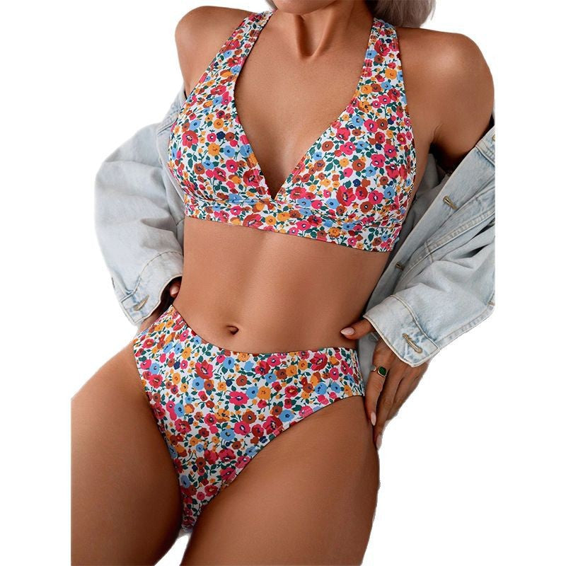 Dame To-delt Bikini-sæt med dyb V-hals og blomsterdesign Skovae