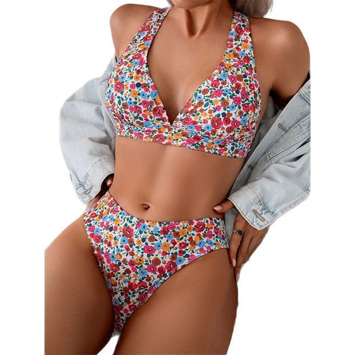 Dame To-delt Bikini-sæt med dyb V-hals og blomsterdesign Skovae