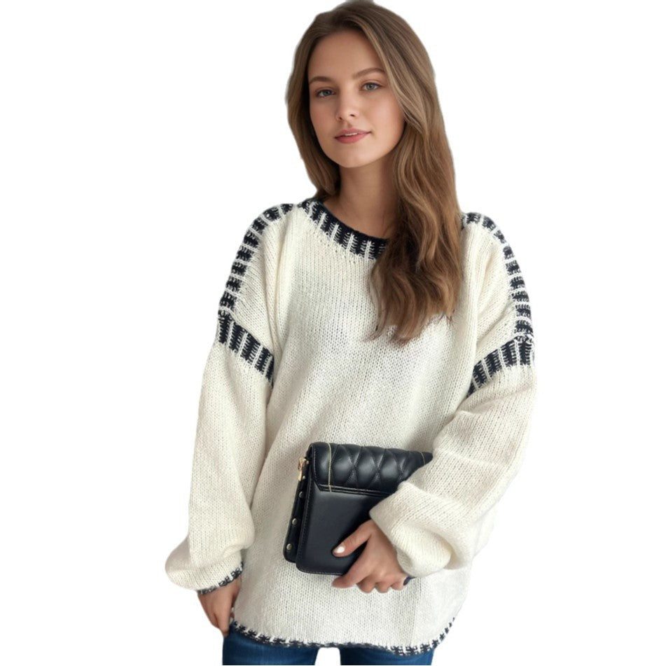 Kvinders chunky strikpullover med en afslappet pasform og stribede ærmer Stilla