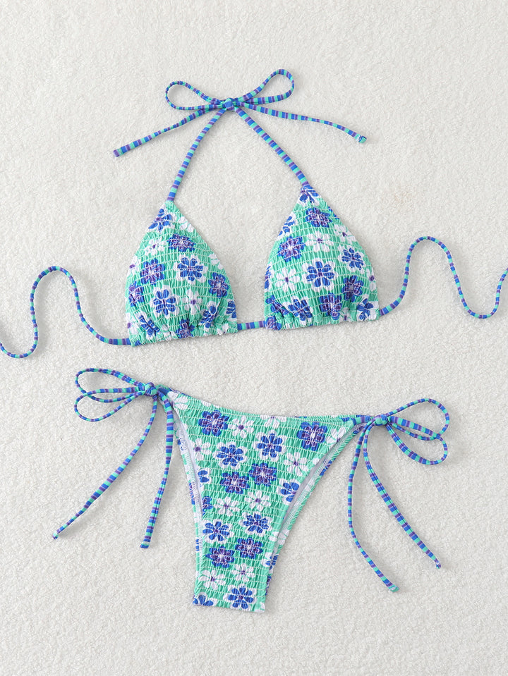 Dame triangel-bikini med legende blomsterdesign og elastiske stropper Skovae