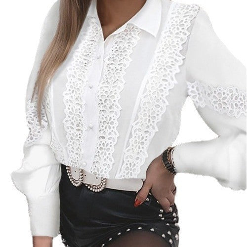 Dame spids bluse med florale ornamenter og lange ærmer Stilla
