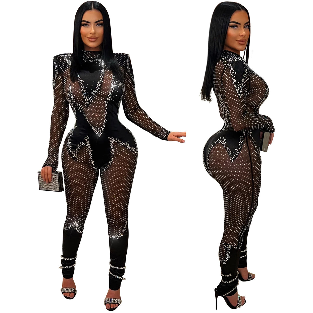 Dame Elegant Bodysuit med glitrende strass-detalje og gennemsigtigt design Stilla