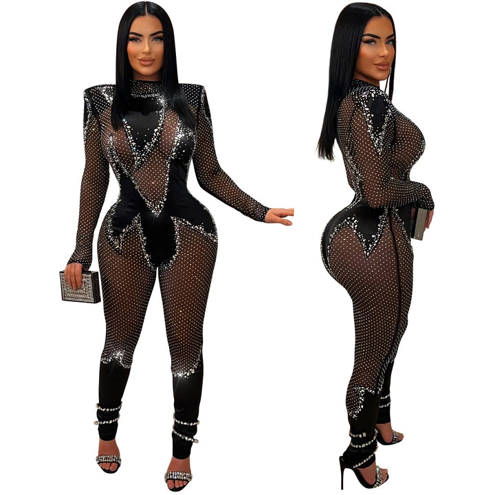 Dame Elegant Bodysuit med glitrende strass-detalje og gennemsigtigt design Stilla