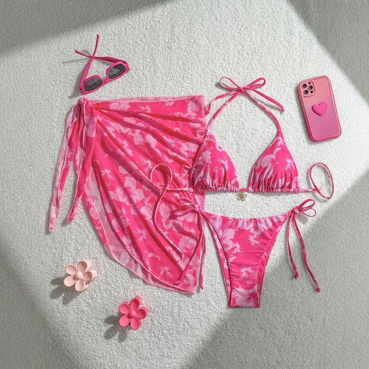 Dame Triangle-Bikini-Sæt med justerbare stropper og indpakningstykke Skovae