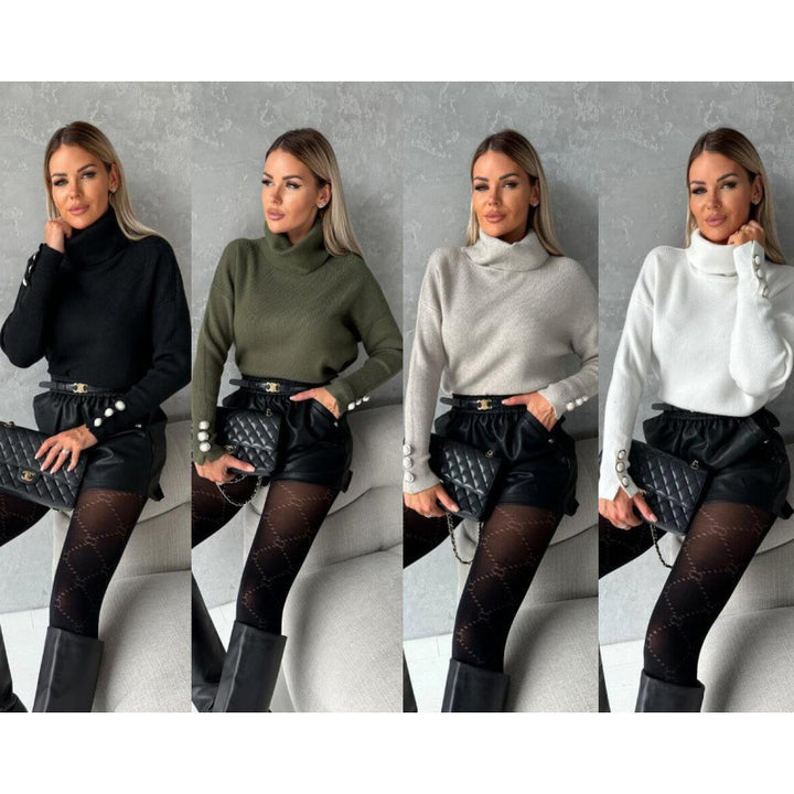 Dame rullekravepullover med dekorative knapper og bred pasform Stilla