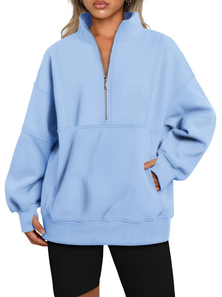 Dame Sporty Hoodie med halvdelen lynlås og voluminøse ærmer Stilla