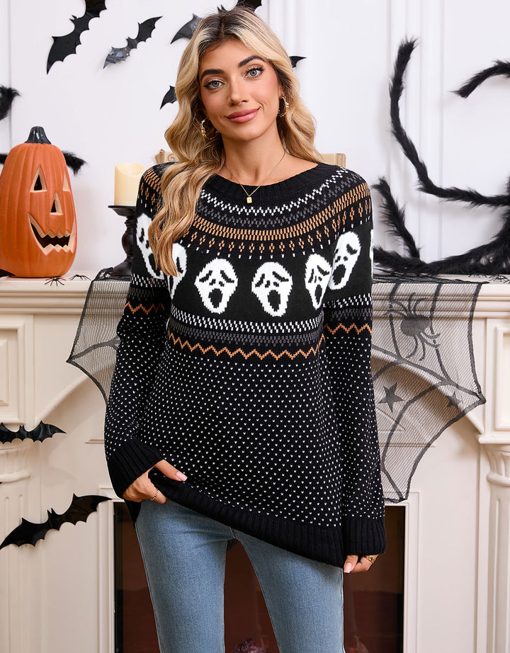 Kvindernes mønstrede strikkede sweater med Halloween-motiver Stilla