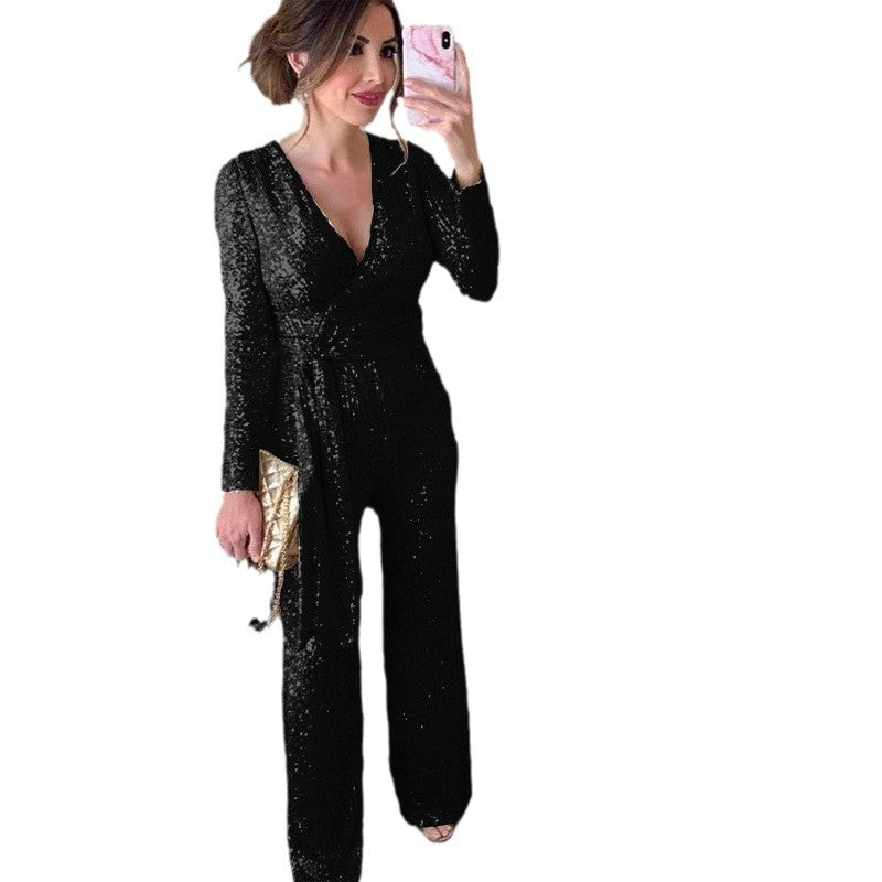 Dame Elegant Jumpsuit med V-hals og glitrende detaljer Stilla