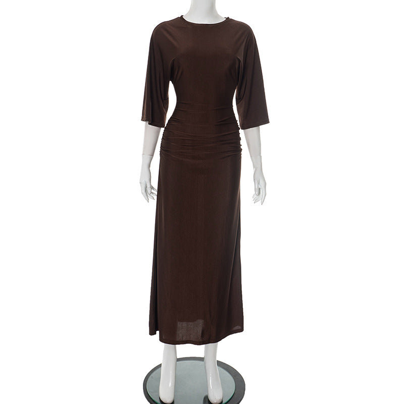 Femme Elegant Rynker Langærmet Maxi Kjole Stilla